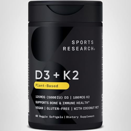 Sports Research vitamin D3 + K2 softgels support daily wellness routines.