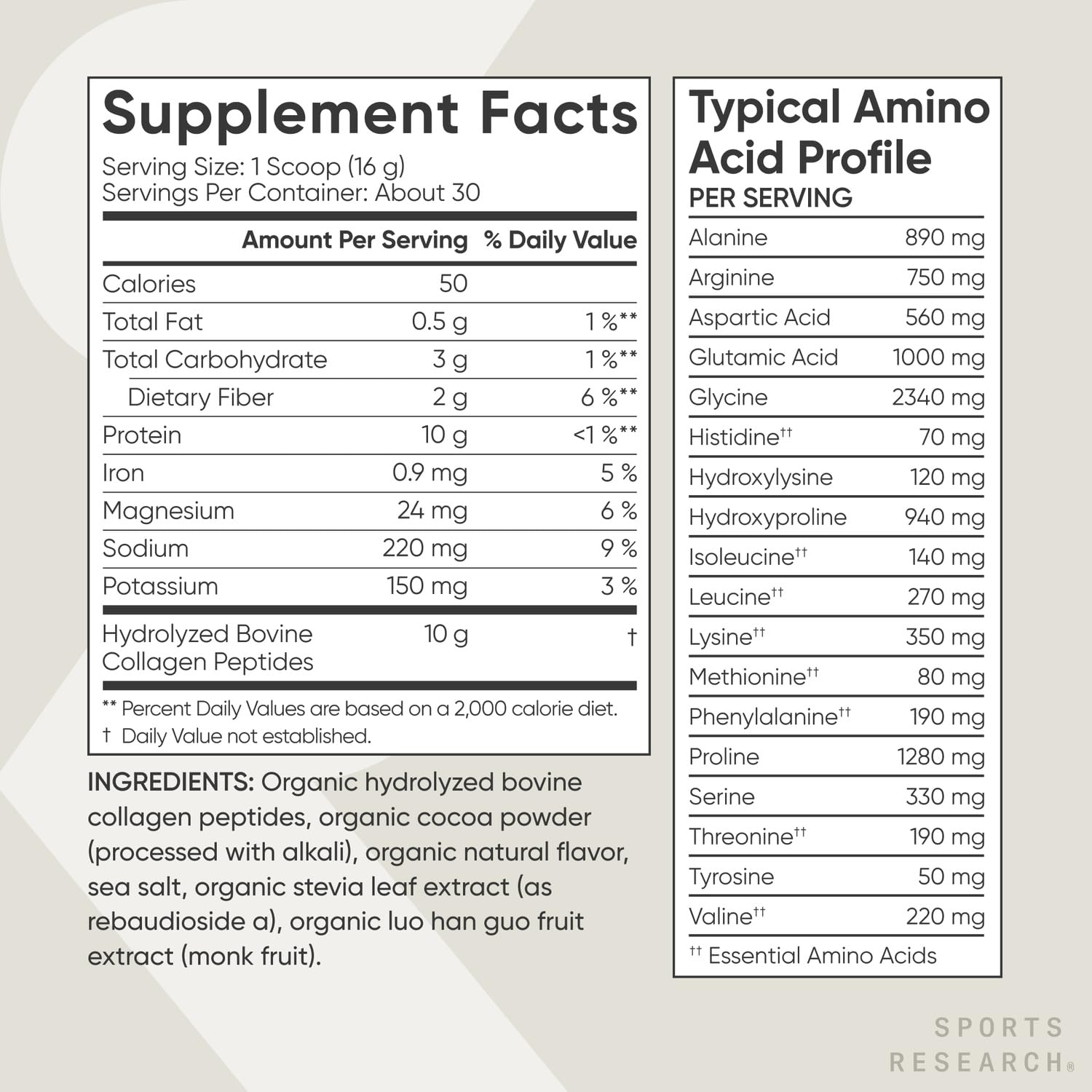 Sports Research Dark Chocolate collagen drink mix ready to blend into beverages