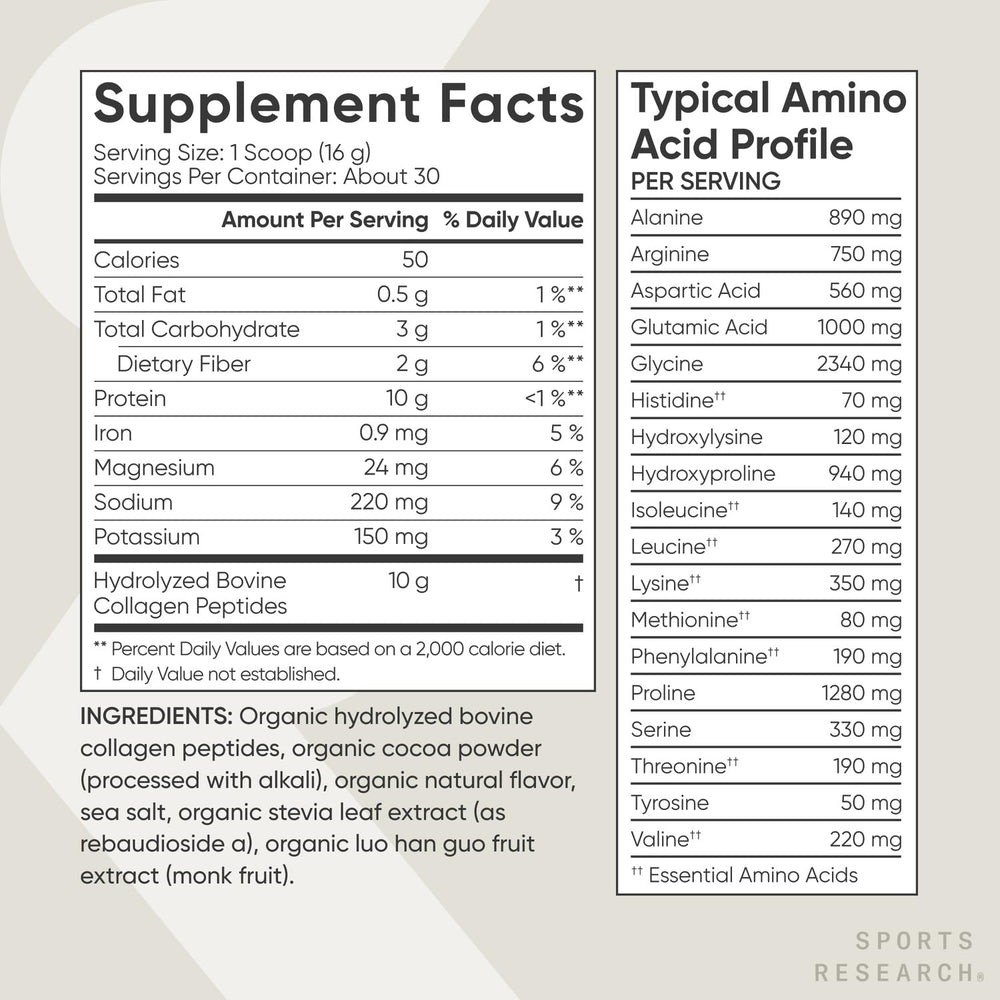 Sports Research Dark Chocolate collagen drink mix ready to blend into beverages