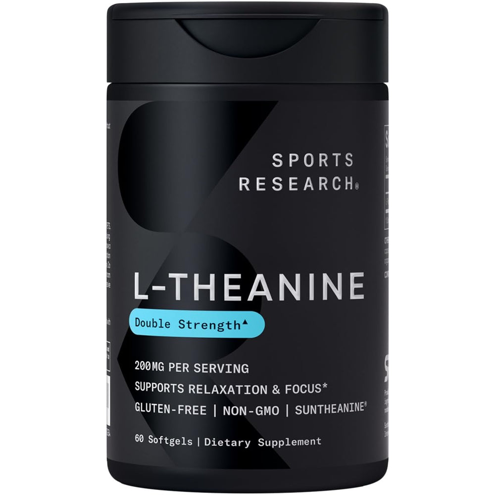 Sports Research double-strength L-Theanine bottle for daily focus and calm support.