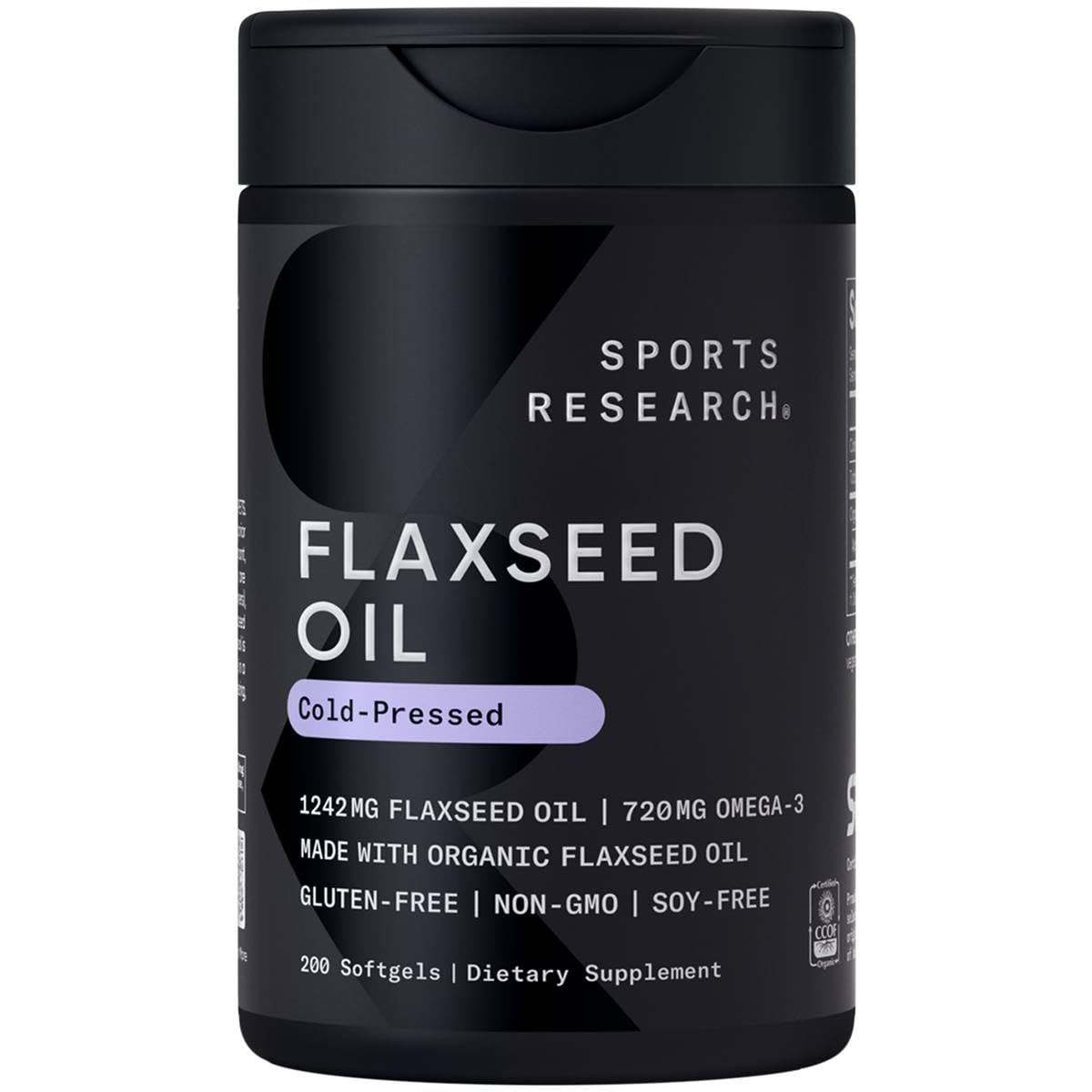 Sports Research flaxseed oil softgels jar closeup with non-GMO badge