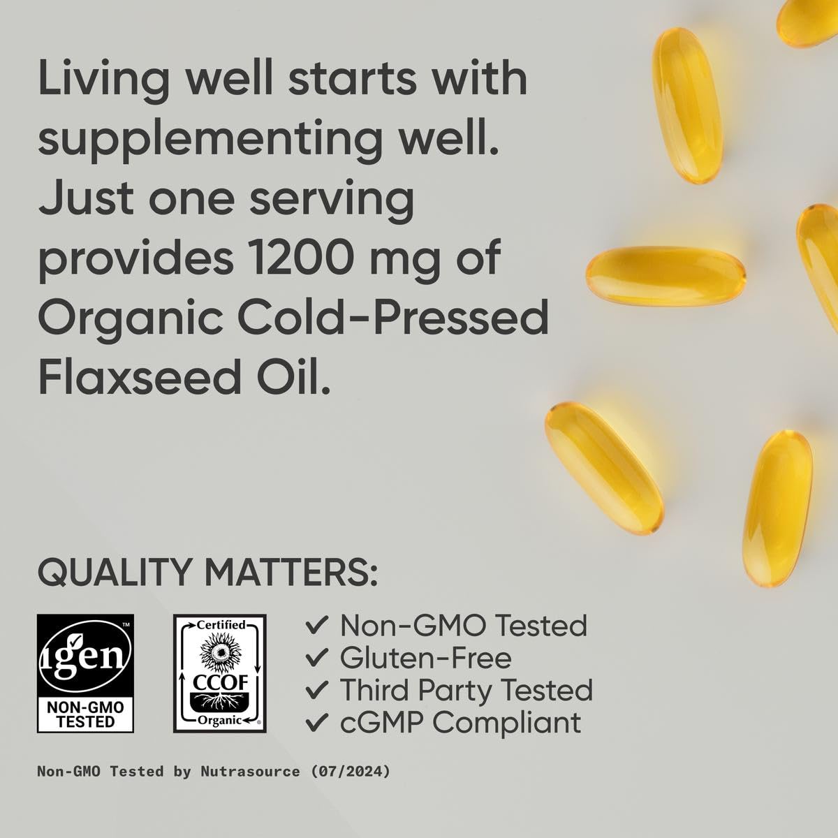 Sports Research flaxseed oil bottle label highlighting gluten-free and soy-free