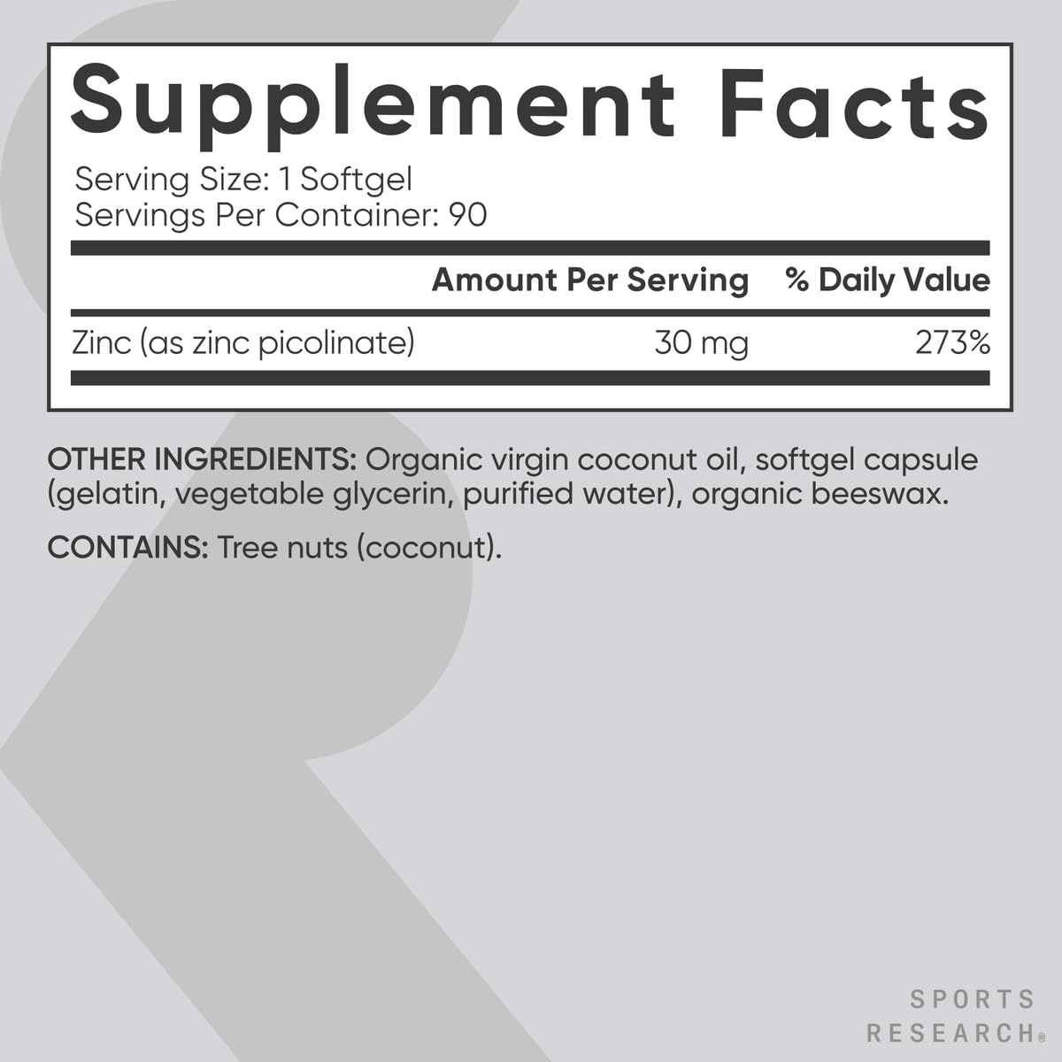 Sports Research zinc bottle featuring gluten-free formulation for dietary compatibility.