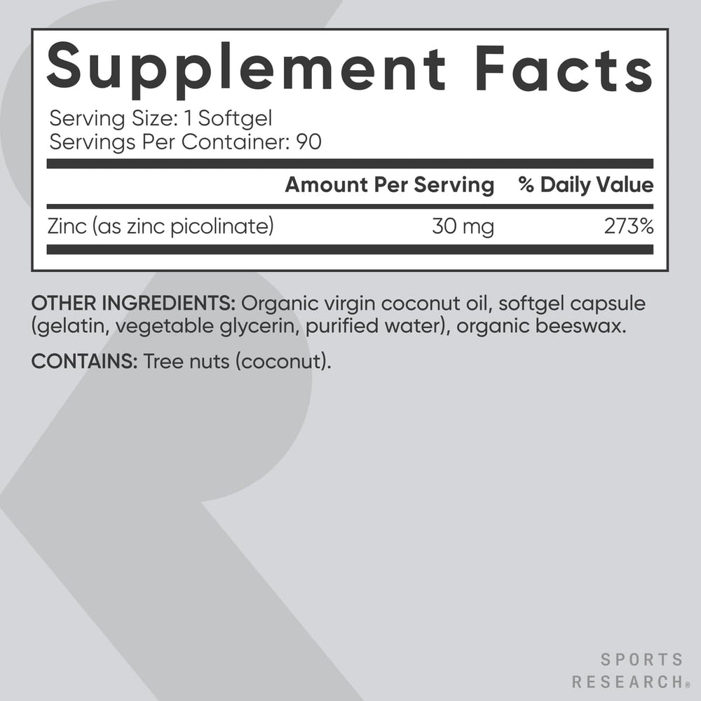 Sports Research zinc bottle featuring gluten-free formulation for dietary compatibility.