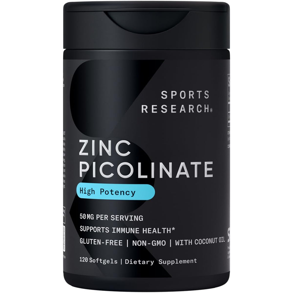 Sports Research high potency zinc picolinate bottle on shelf for daily mineral support