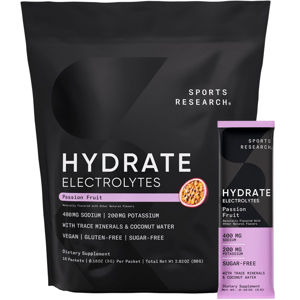 Sports Research Hydrate box front showing 16 packets for on-the-go hydration
