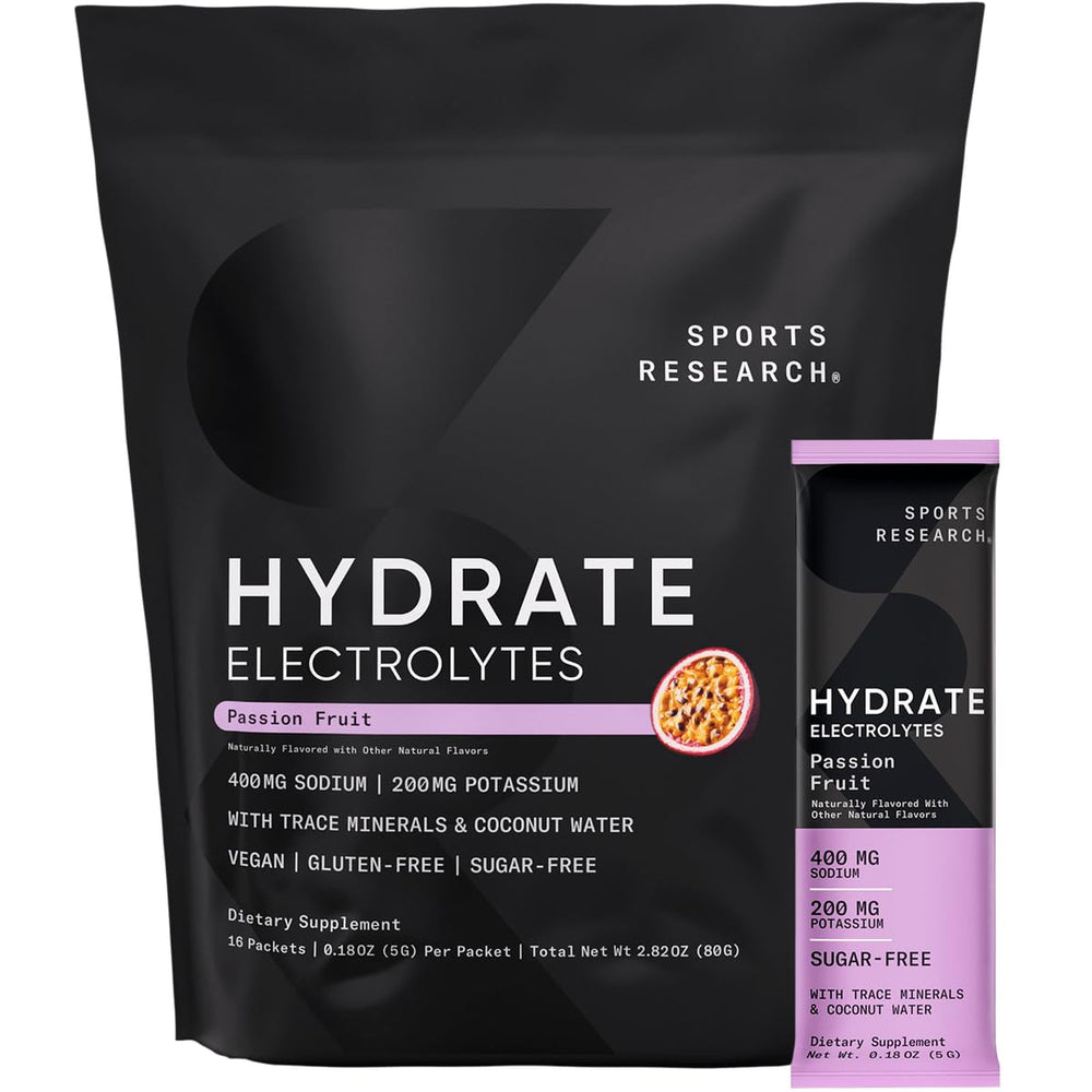 Sports Research Hydrate box front showing 16 packets for on-the-go hydration
