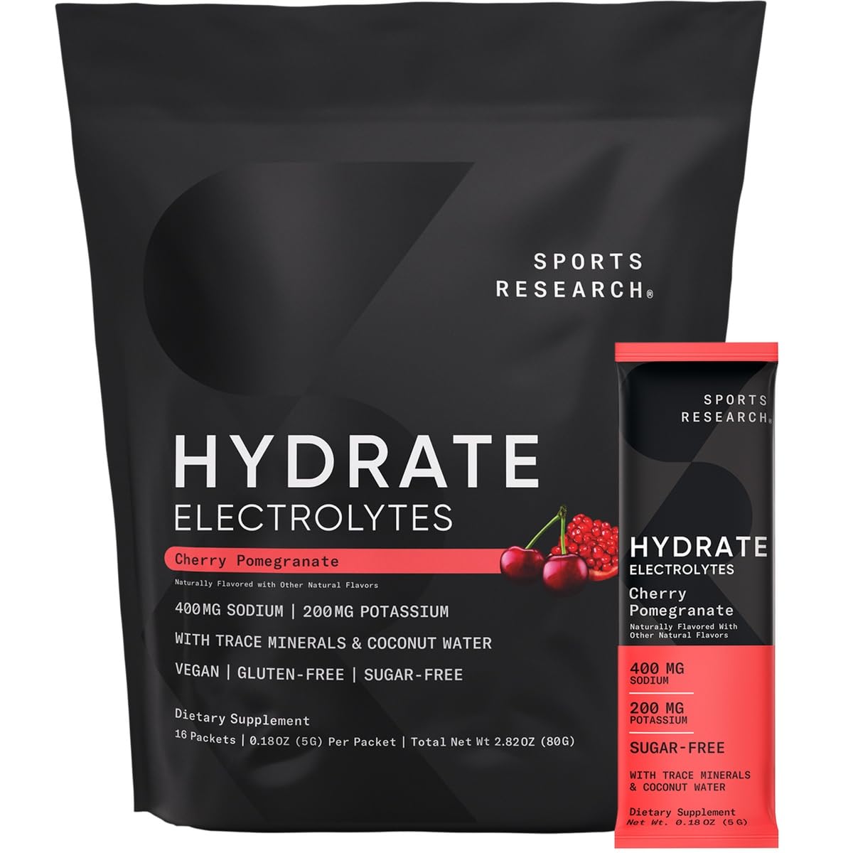Sports Research Hydrate cherry-pomegranate stick pack for refreshing, on-the-go hydration.