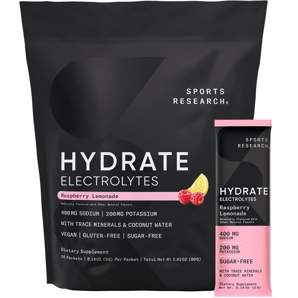 Sports Research Hydrate Raspberry Lemonade packet dissolves quickly for on-the-go hydration