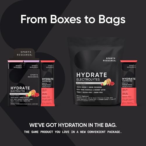 Sports Research Hydrate Variety Pack display shows all four flavors for selection.