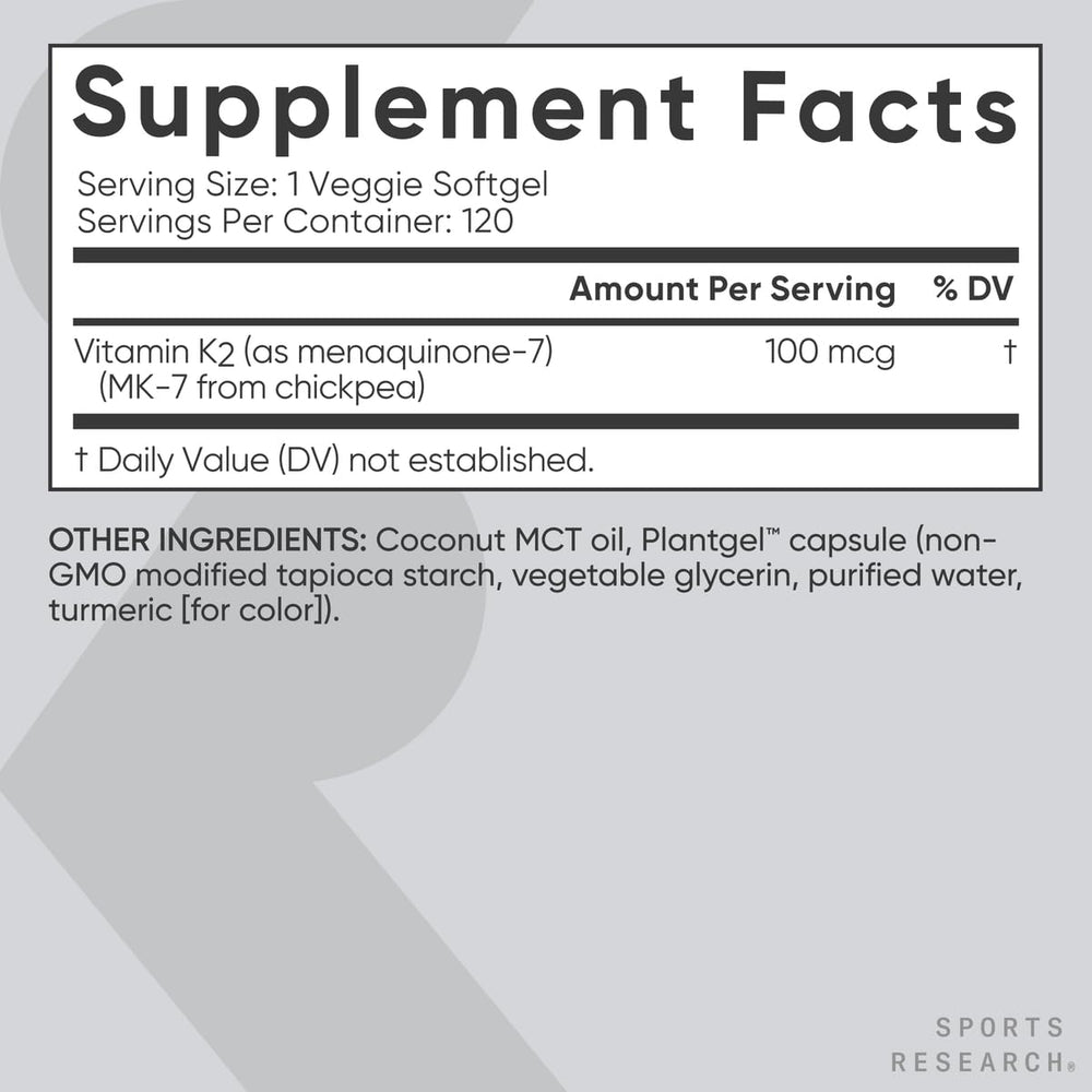 Sports Research K2 MK-7 capsules with MCT oil aiding absorption with meals.