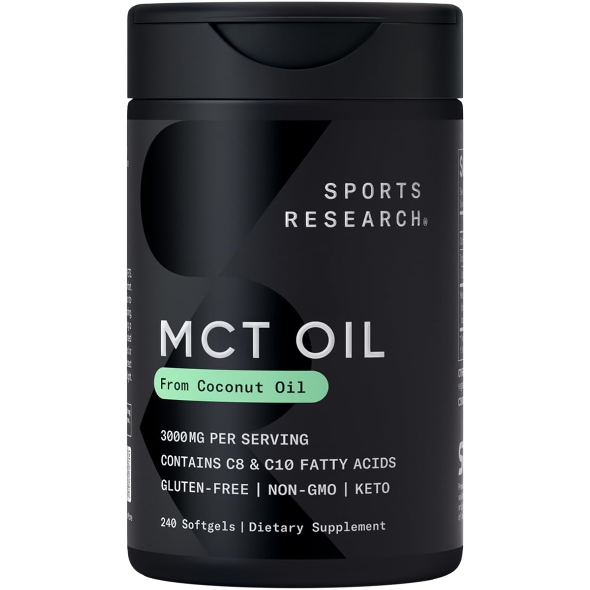 Sports Research Keto MCT softgels bottle showing non-GMO and gluten-free formulation.