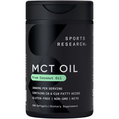 Sports Research Keto MCT softgels bottle showing non-GMO and gluten-free formulation.