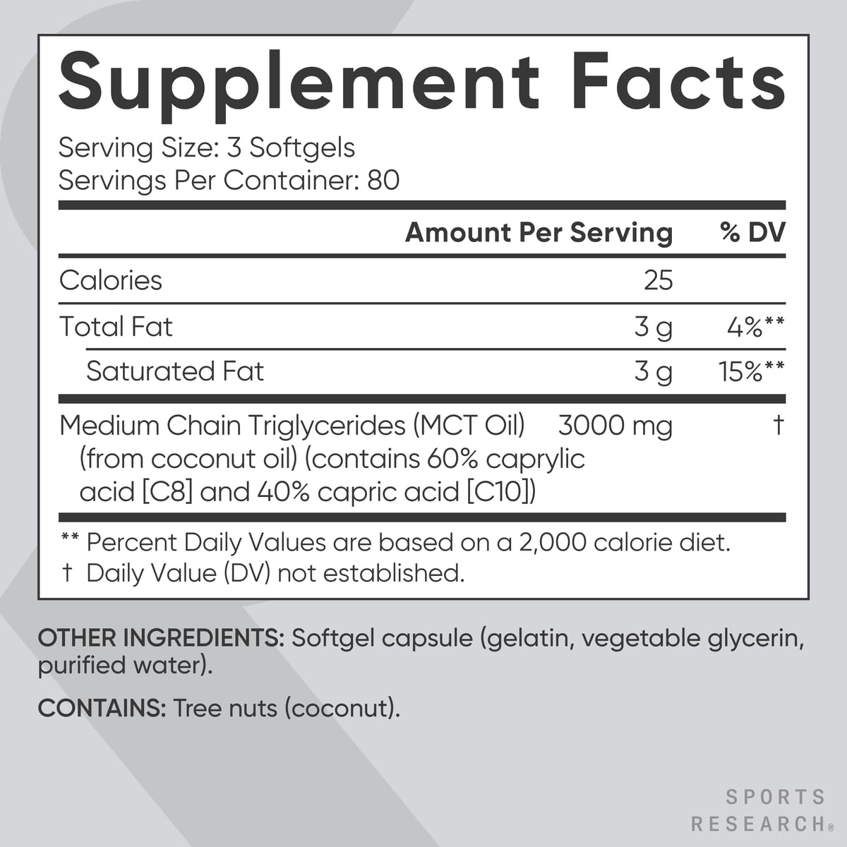 Sports Research Keto MCT softgels ingredient label highlights palm-oil-free formula.
