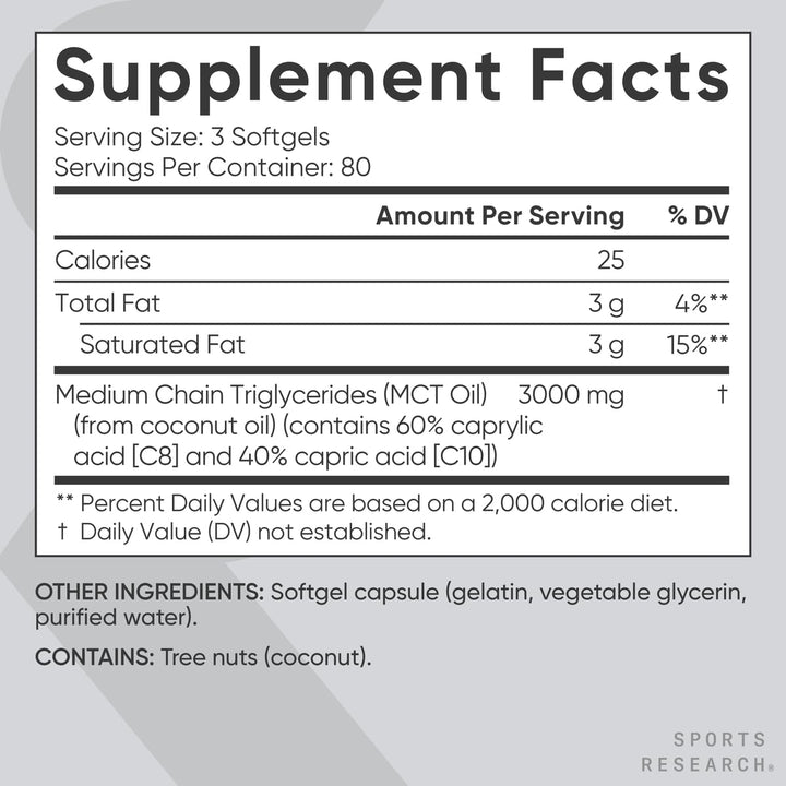 Sports Research Keto MCT softgels ingredient label highlights palm-oil-free formula.