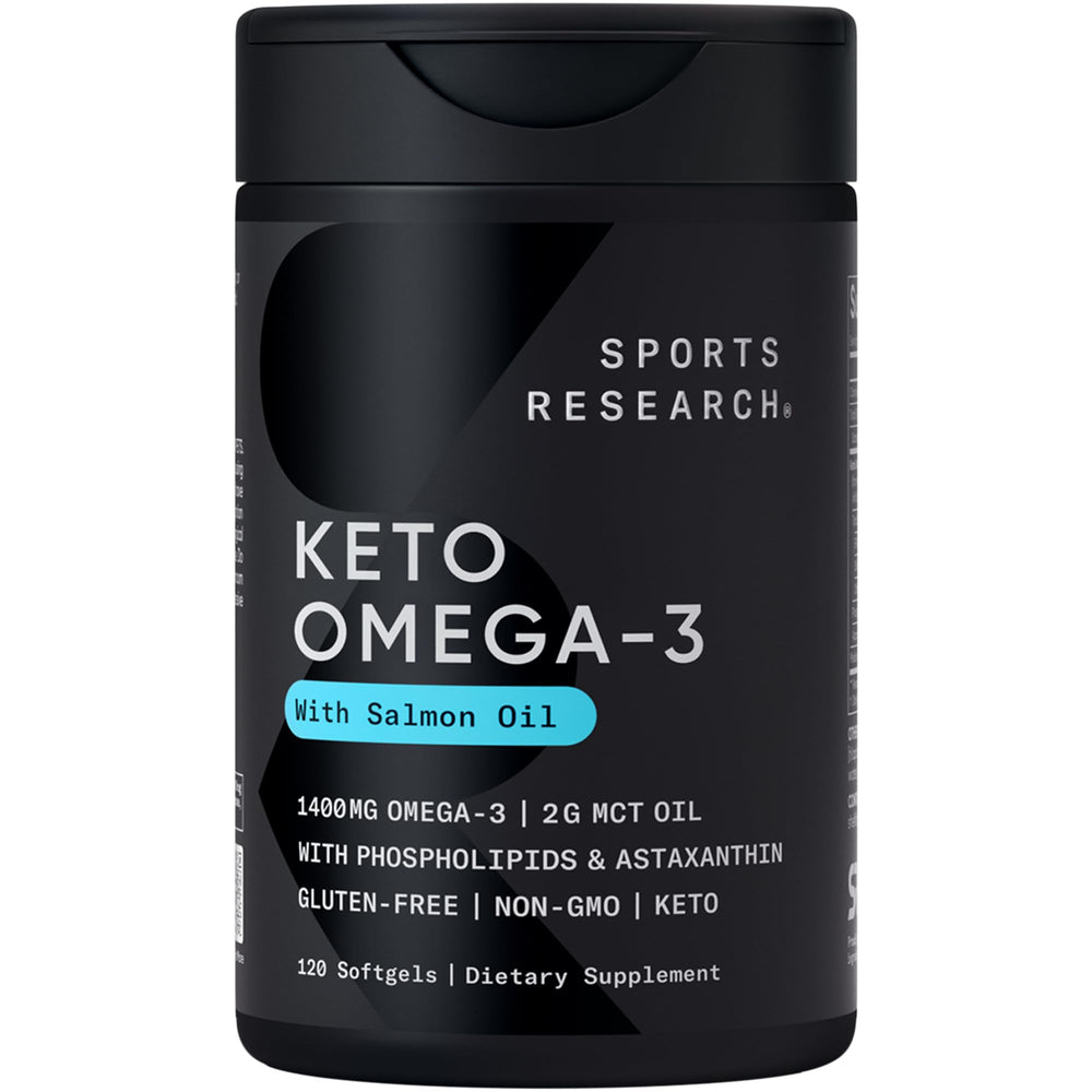 Sports Research Keto Omega bottle front, keto-friendly omega-3 capsules for daily support.