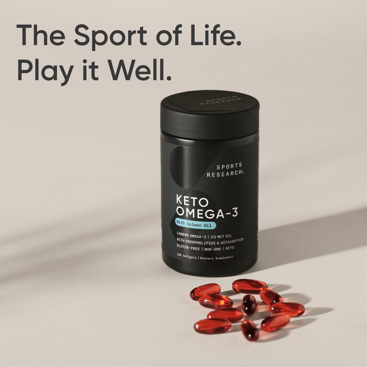 Sports Research Keto Omega Keto-certified badge, third-party tested for purity.