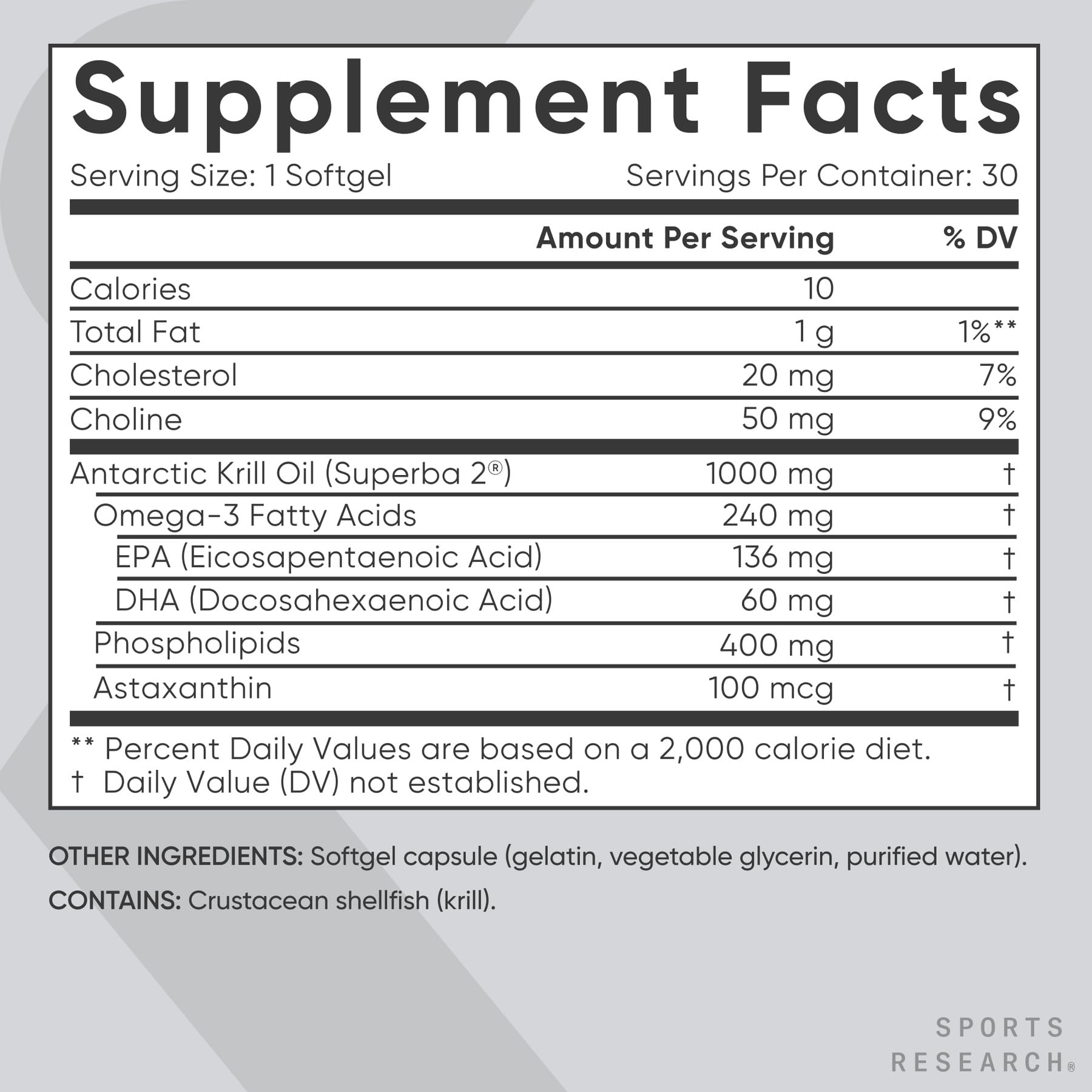 Sports Research Krill Oil certification marks non-GMO and gluten-free.