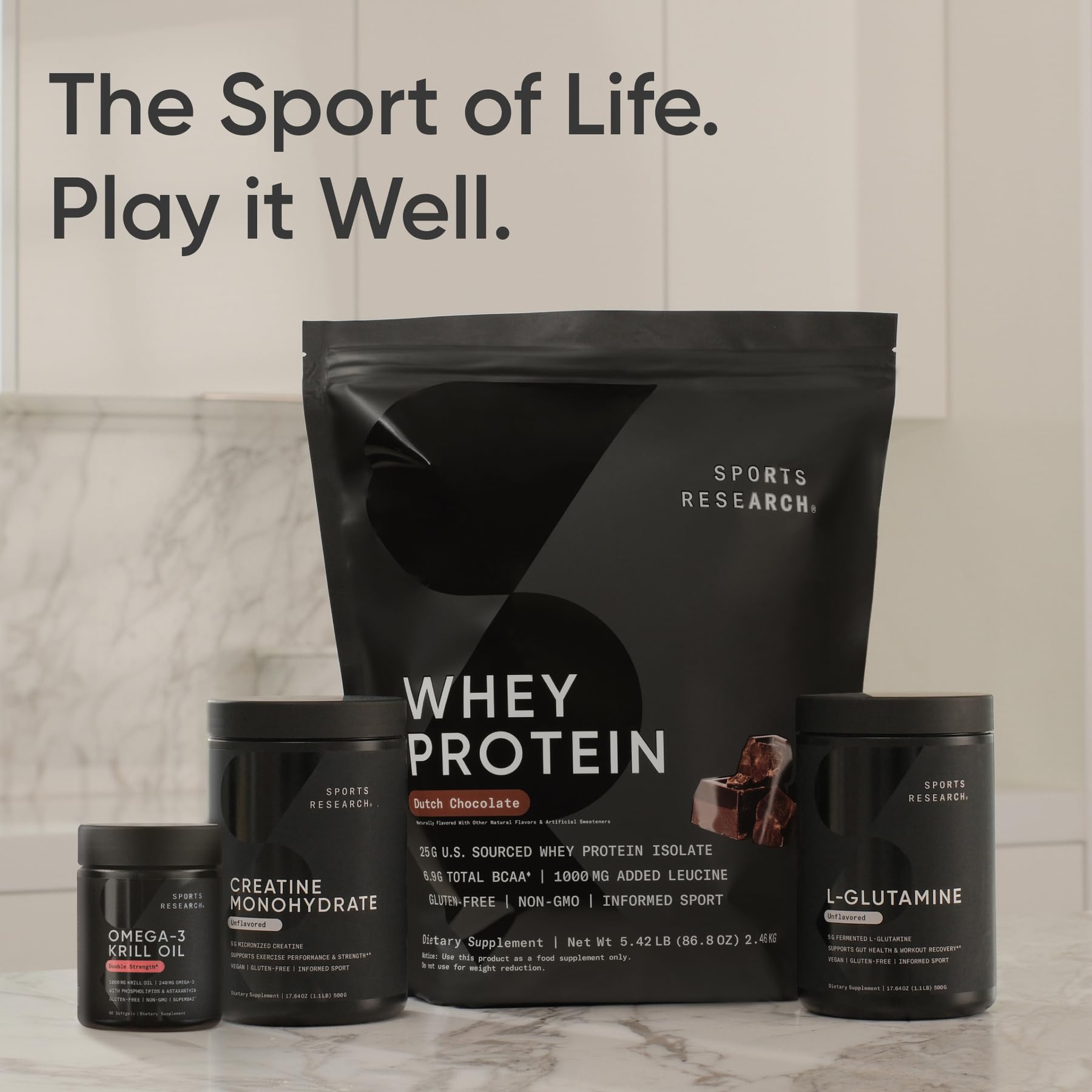 Sports Research Krill Oil Antarctic origin highlighted on packaging visuals.