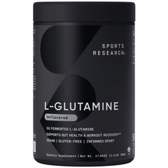 Sports Research L-Glutamine bottle being poured for daily recovery support.