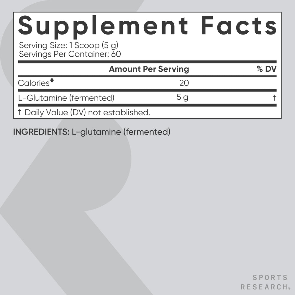 Sports Research L-Glutamine ingredient list includes vegan and gluten free