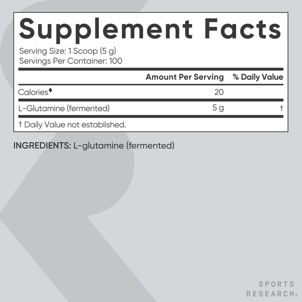 Close-up of L-Glutamine label showing vegan and non-GMO.