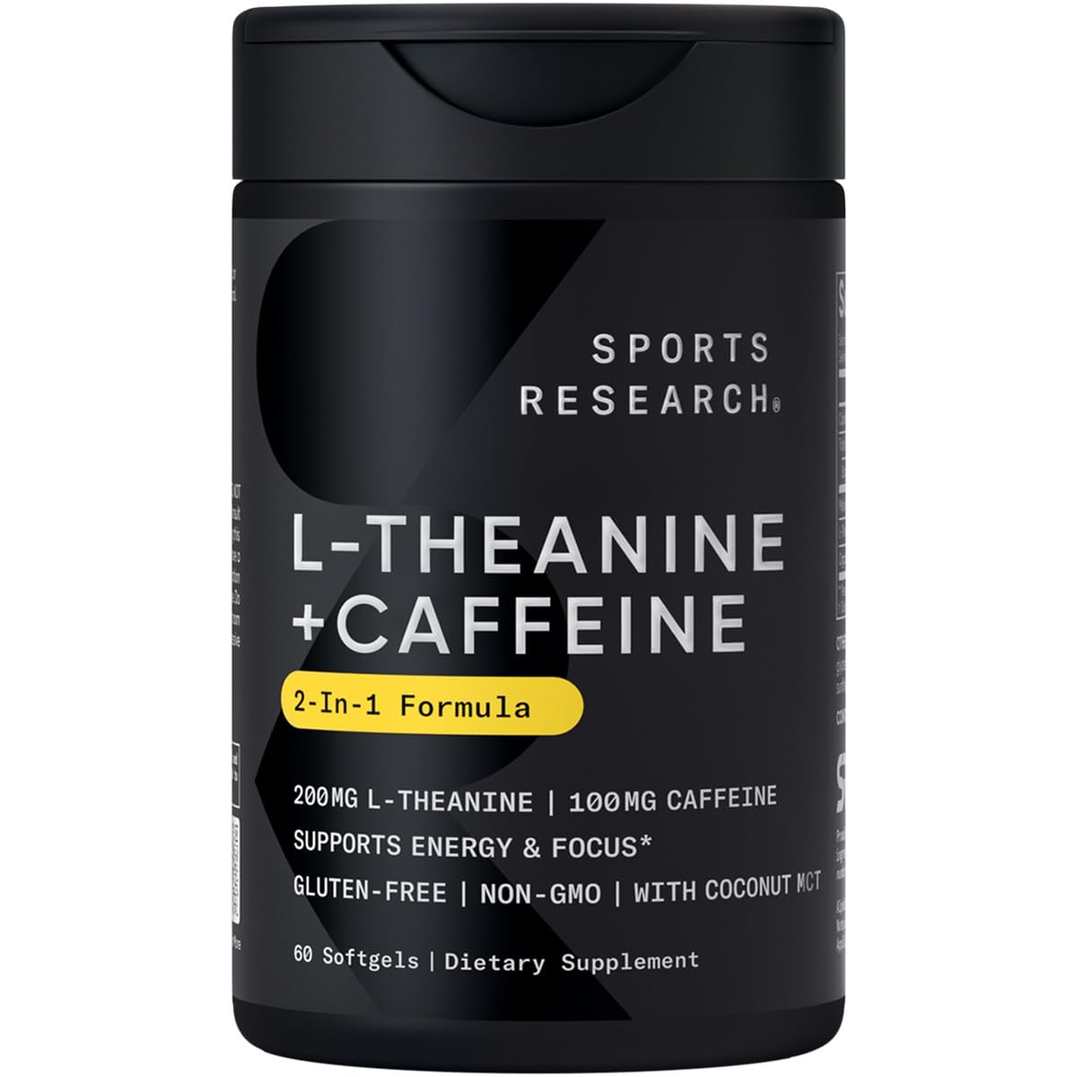 Sports Research L-Theanine + Caffeine softgel bottle shown for focused energy and alertness