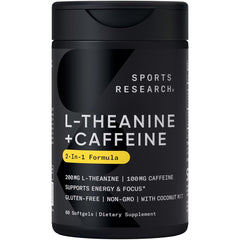 Sports Research L-Theanine + Caffeine softgel bottle shown for focused energy and alertness