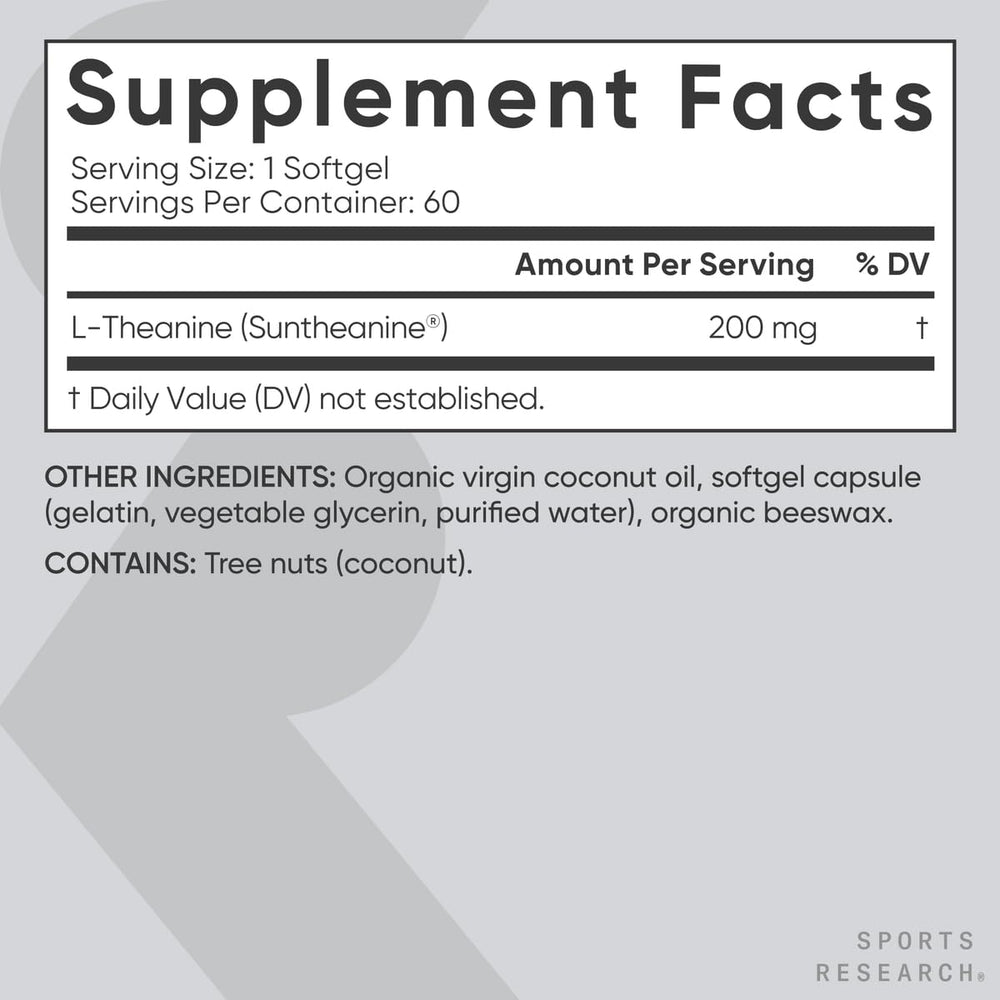 Sports Research L-Theanine in coconut oil base, non-GMO and gluten-free.