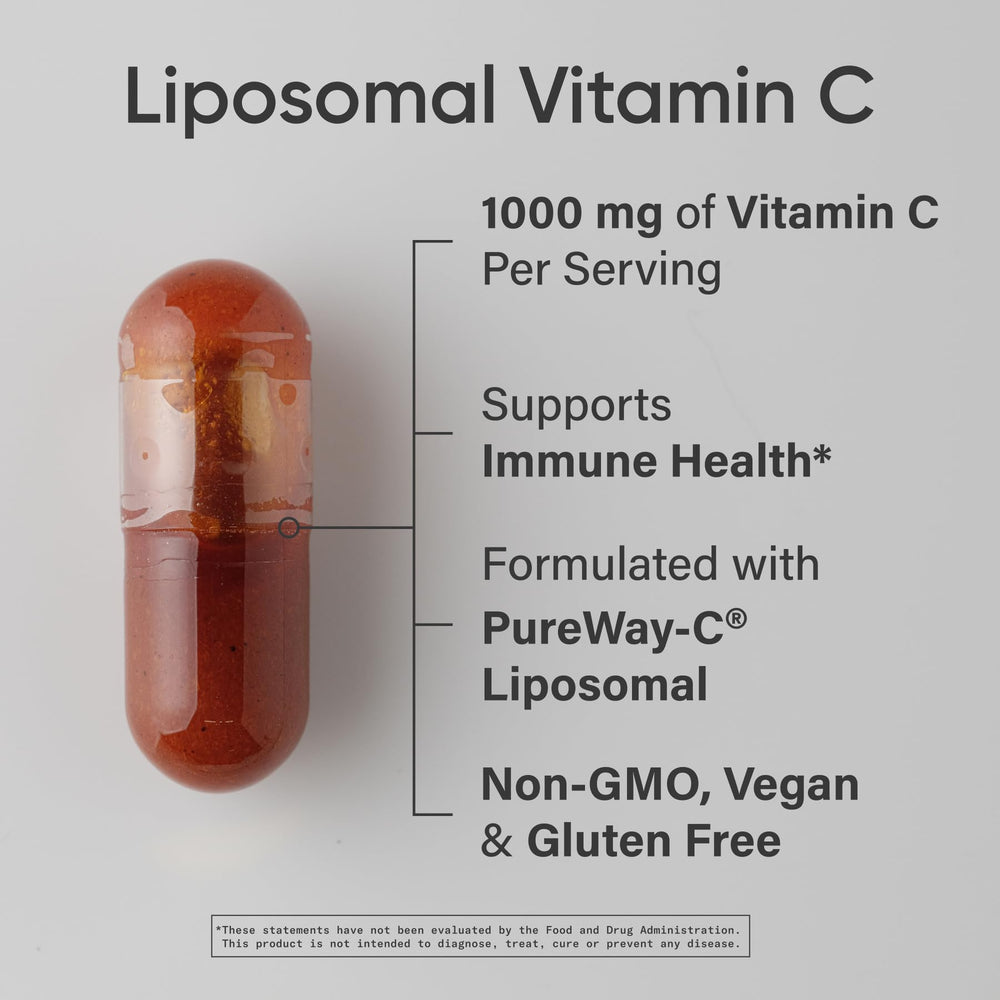 Close-up of Sports Research liposomal vitamin C capsules emphasizing the capsules.
