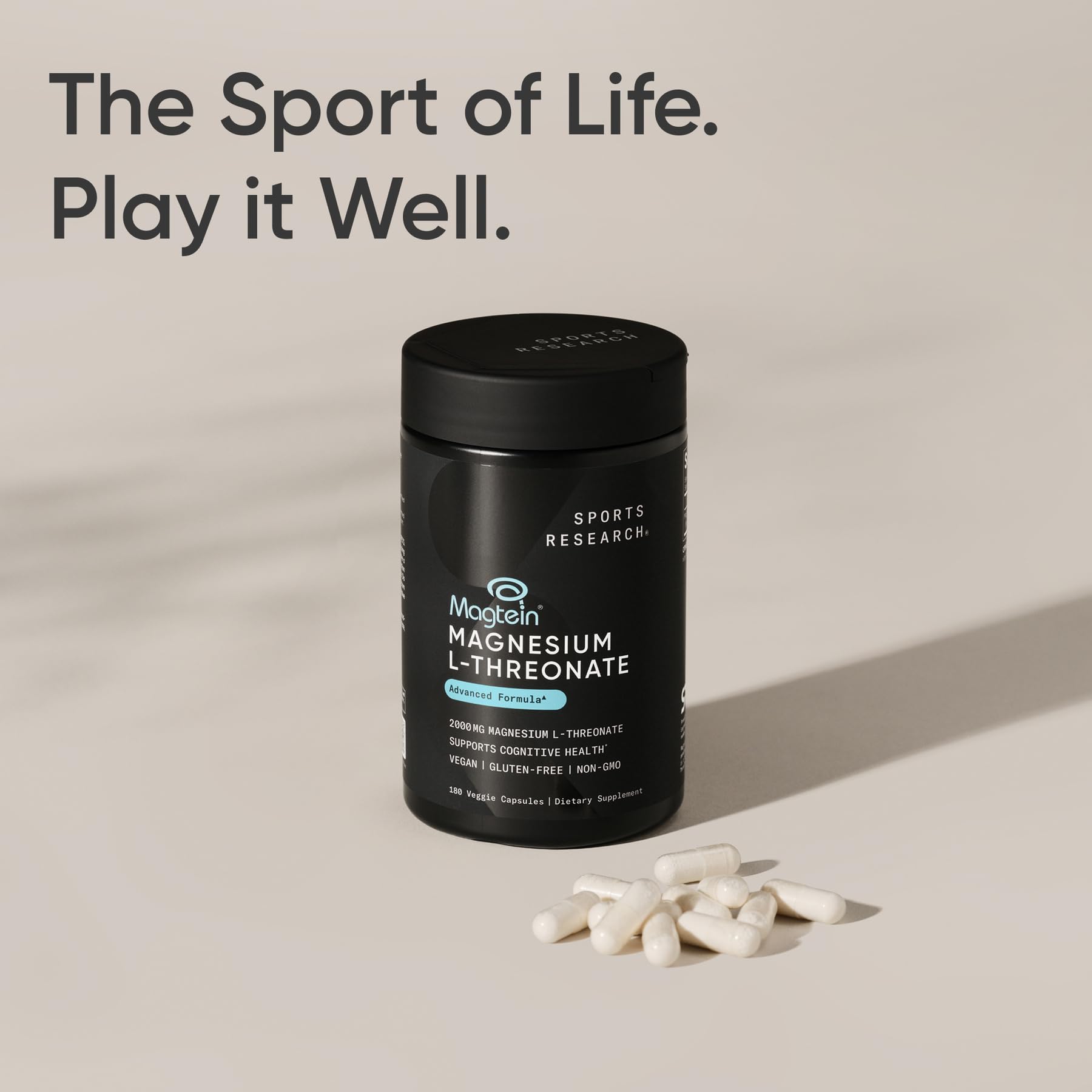 Sports Research Magtein bottle on kitchen counter illustrating easy daily routine.