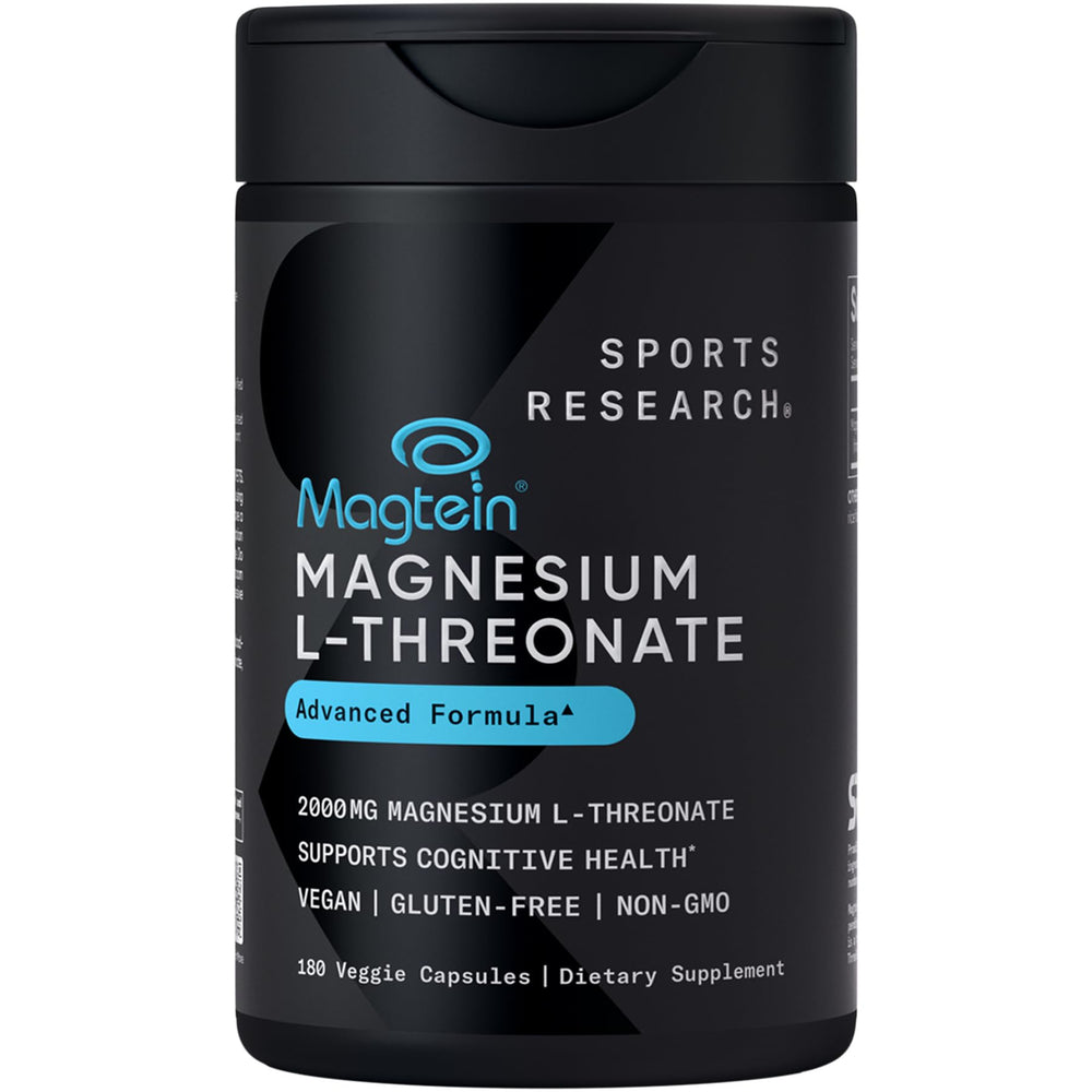Sports Research Magtein capsules in a bottle support brain health and focus.