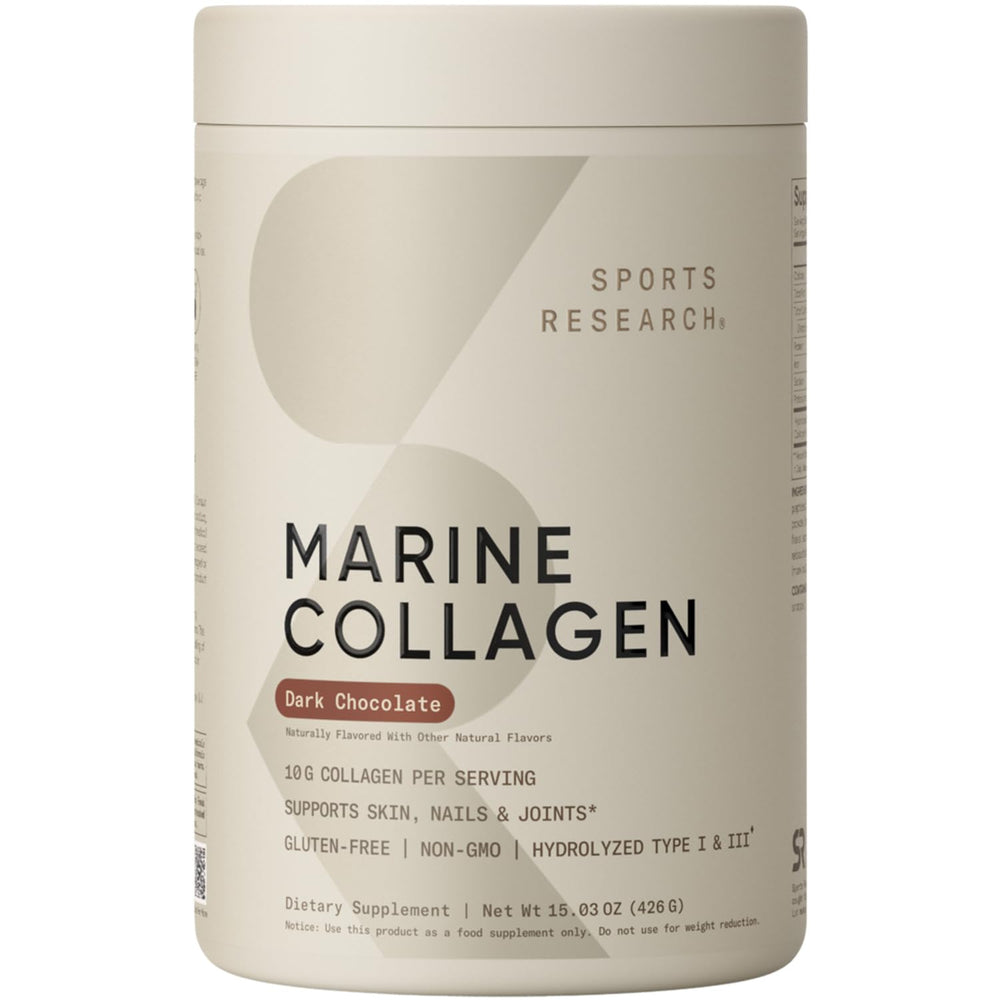 Sports Research Marine Collagen Peptides bottle with dark chocolate flavor for daily use