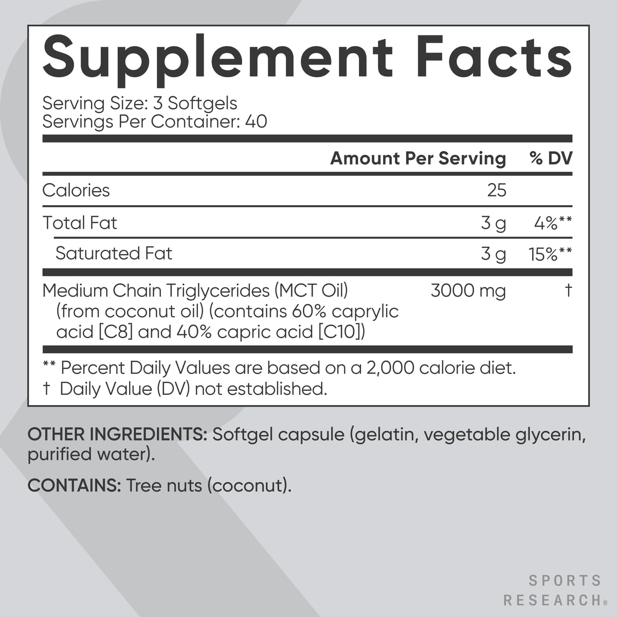 Sports Research MCT Oil Capsules packaging back with ingredients and purity notes.