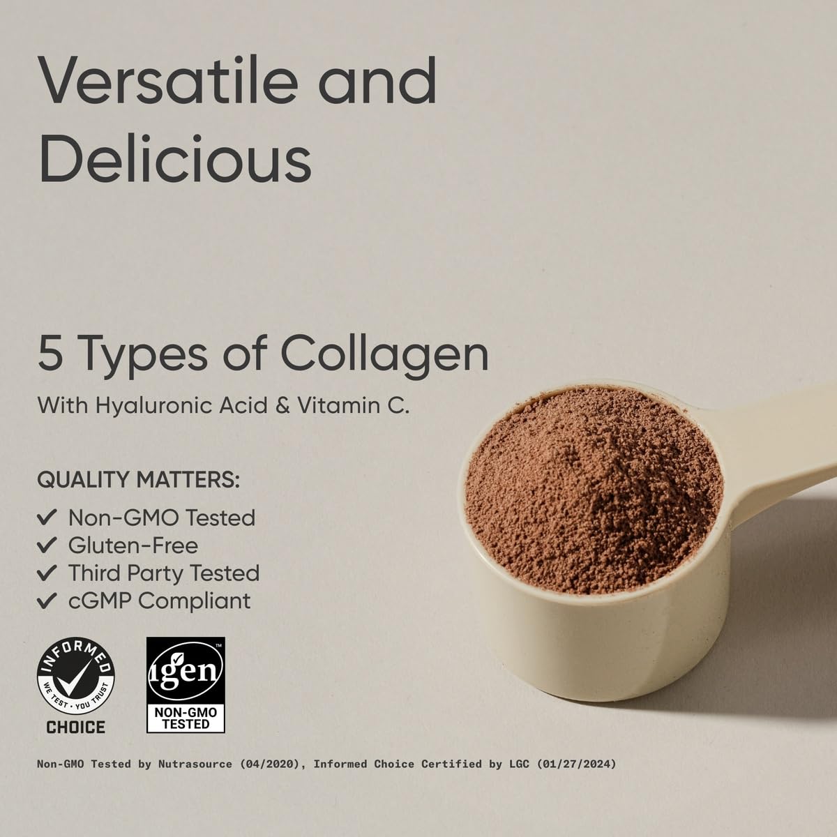 Sports Research Multi Collagen Chocolate scoop beside the tub for easy daily dosing