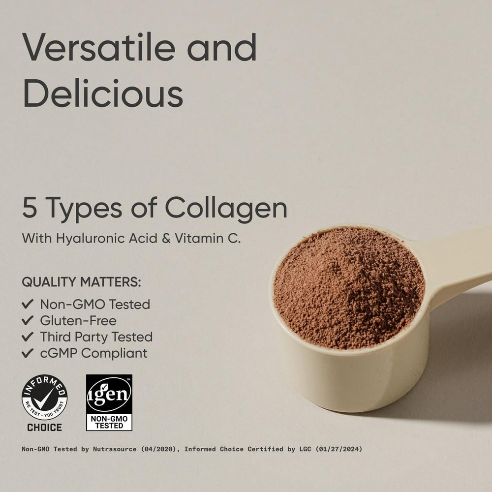 Sports Research Multi Collagen Chocolate scoop beside the tub for easy daily dosing