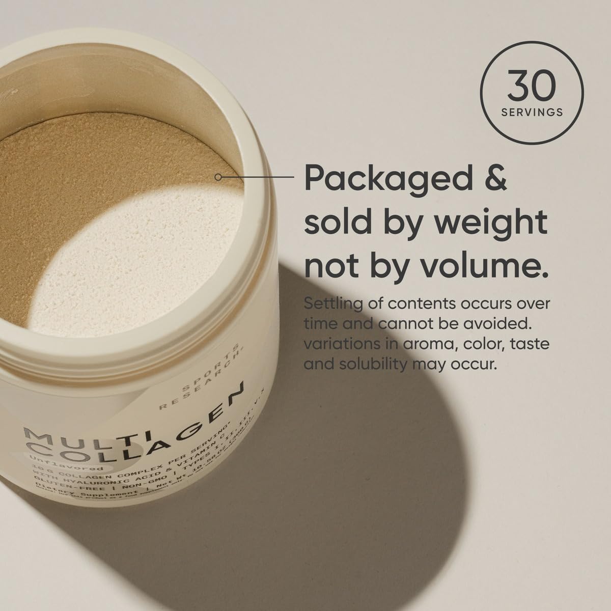 Sports Research Multi Collagen packaging emphasizes gluten-free and non-GMO attributes for mindful shoppers.