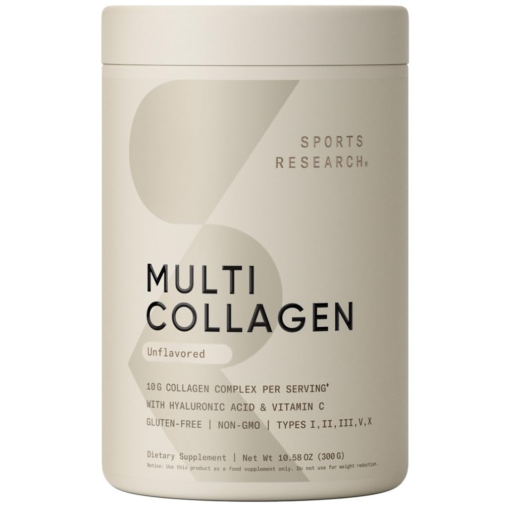 Sports Research Multi Collagen powder jar on kitchen counter for daily beauty and joint support.
