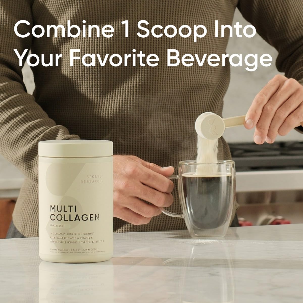 Sports Research Multi Collagen powder label closeup highlights collagen types and ingredients.