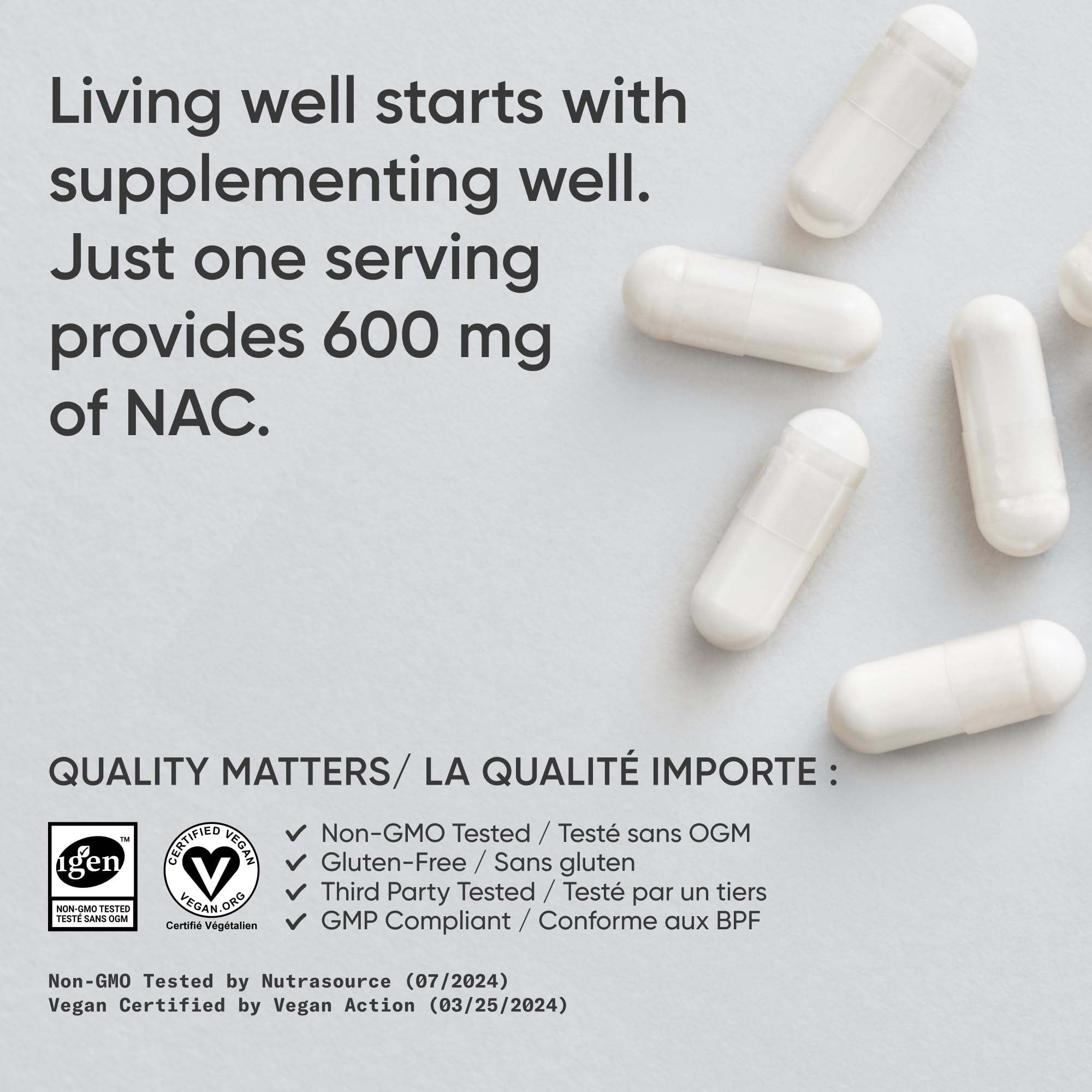 Vegan Certified label on Sports Research NAC bottle signals plant-based ingredients.