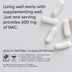 Vegan Certified label on Sports Research NAC bottle signals plant-based ingredients.