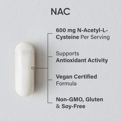 NAC veggie capsules close-up highlighting vegan, non-GMO formula.