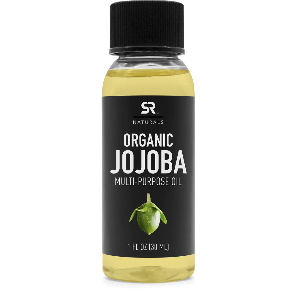 Sports Research Naturals Organic Jojoba Oil bottle close-up, highlighting purity and compact travel size.