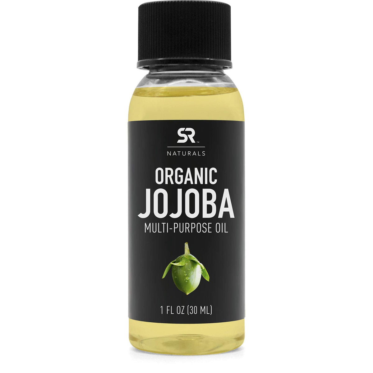 Sports Research Naturals Organic Jojoba Oil bottle close-up, highlighting purity and compact travel size.