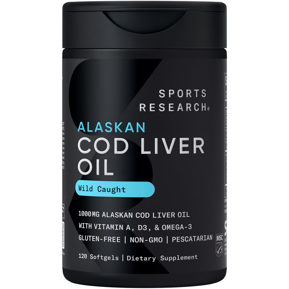 Sports Research Omega-3 cod liver oil bottle highlights MSC sustainable sourcing.