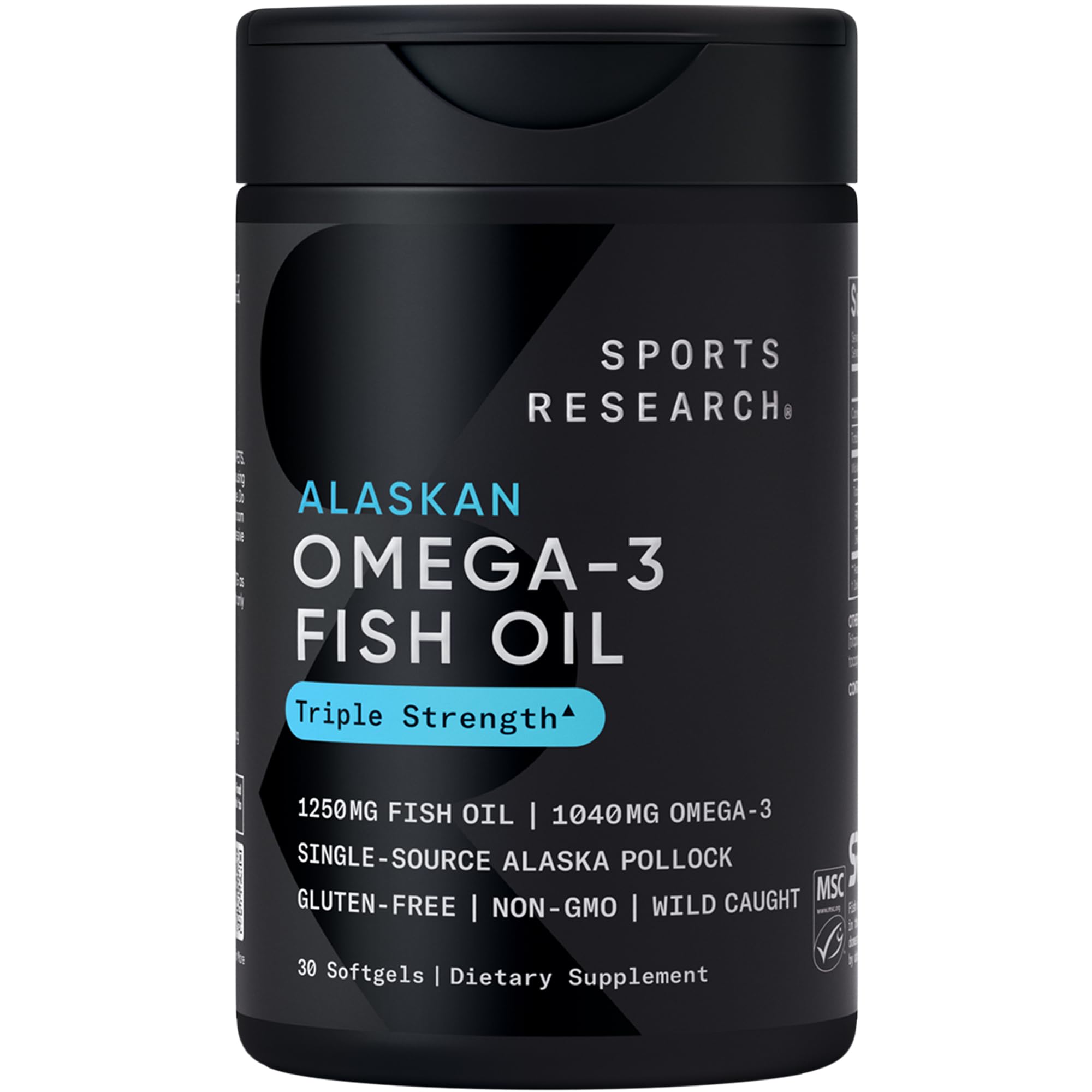 Sports Research Omega-3 1250 softgel bottle shows sustainable MSC certification for responsible sourcing