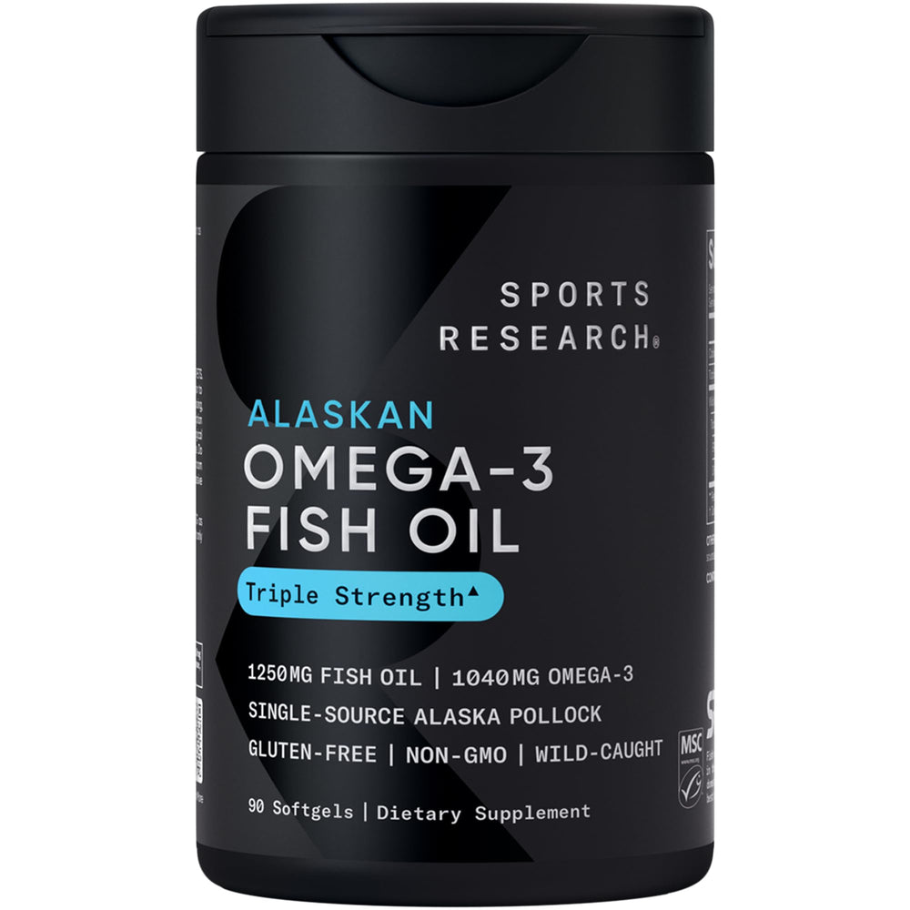 Sports Research Omega-3 fish oil bottle with capsules for daily omega-3 intake