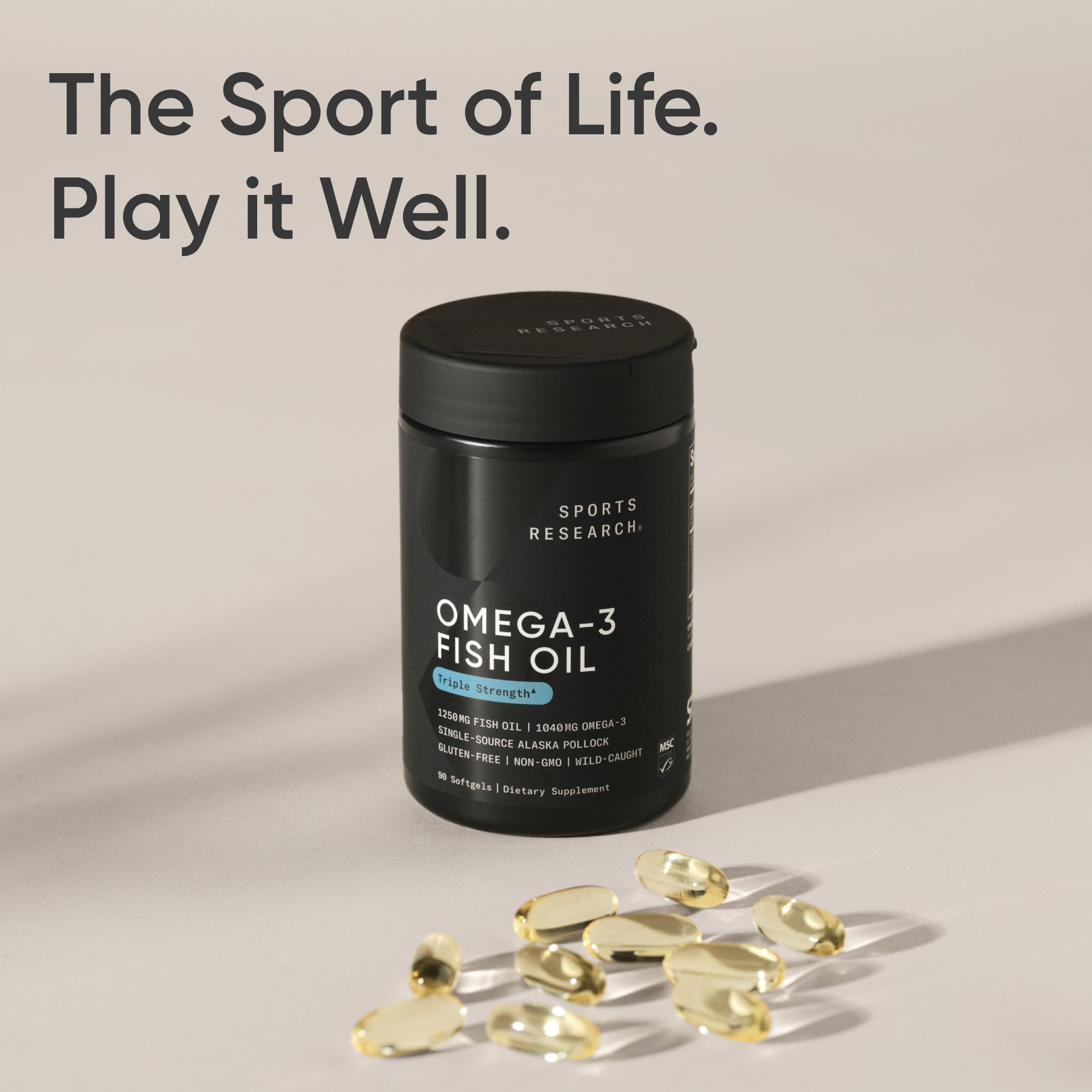 Sports Research Omega-3 bottle manufactured in the USA in a cGMP facility