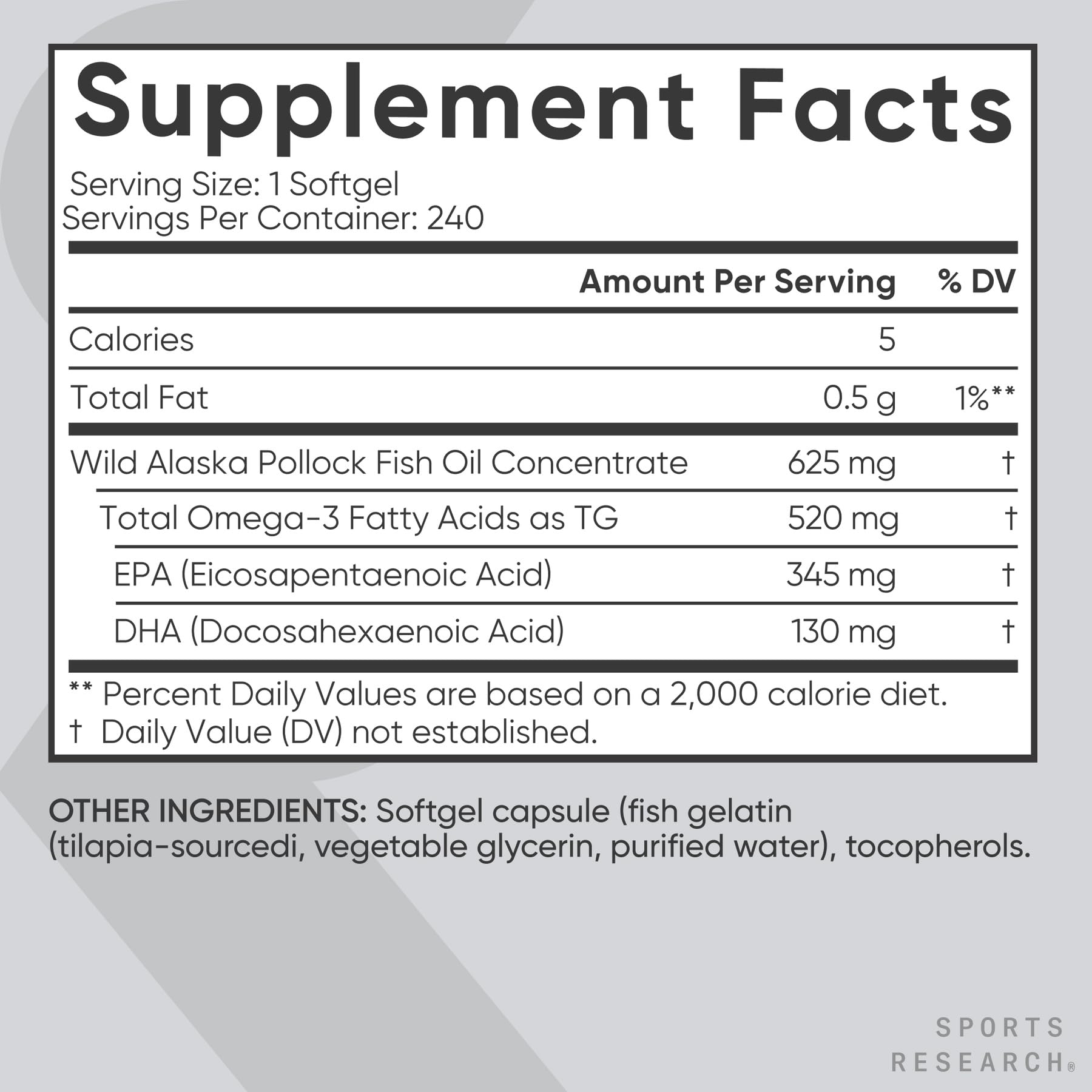 Sports Research Omega-3 Mini Gels dosage details show EPA and DHA content