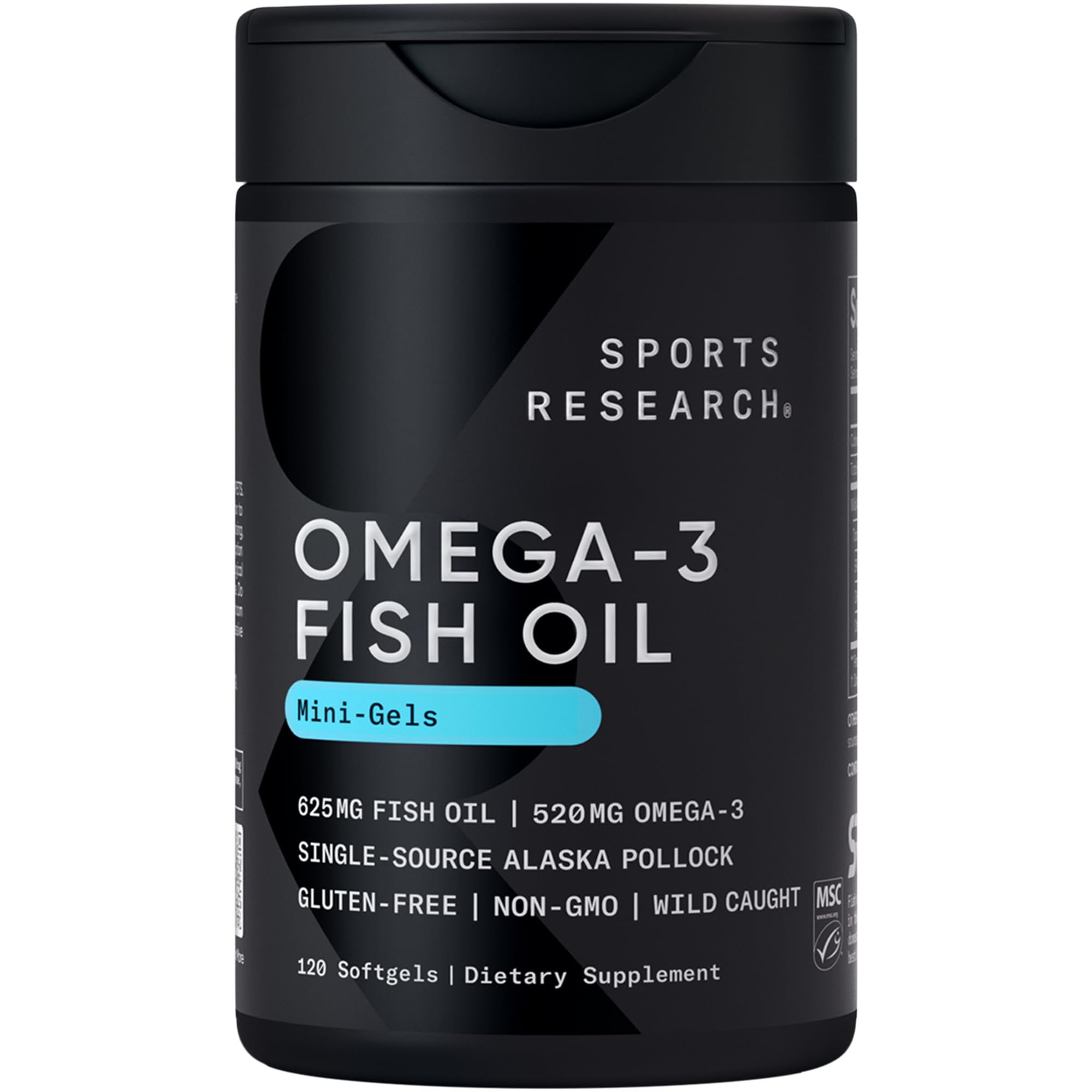 Sports Research Omega-3 mini-softgels in Alaska Pollock bottle for convenient daily use